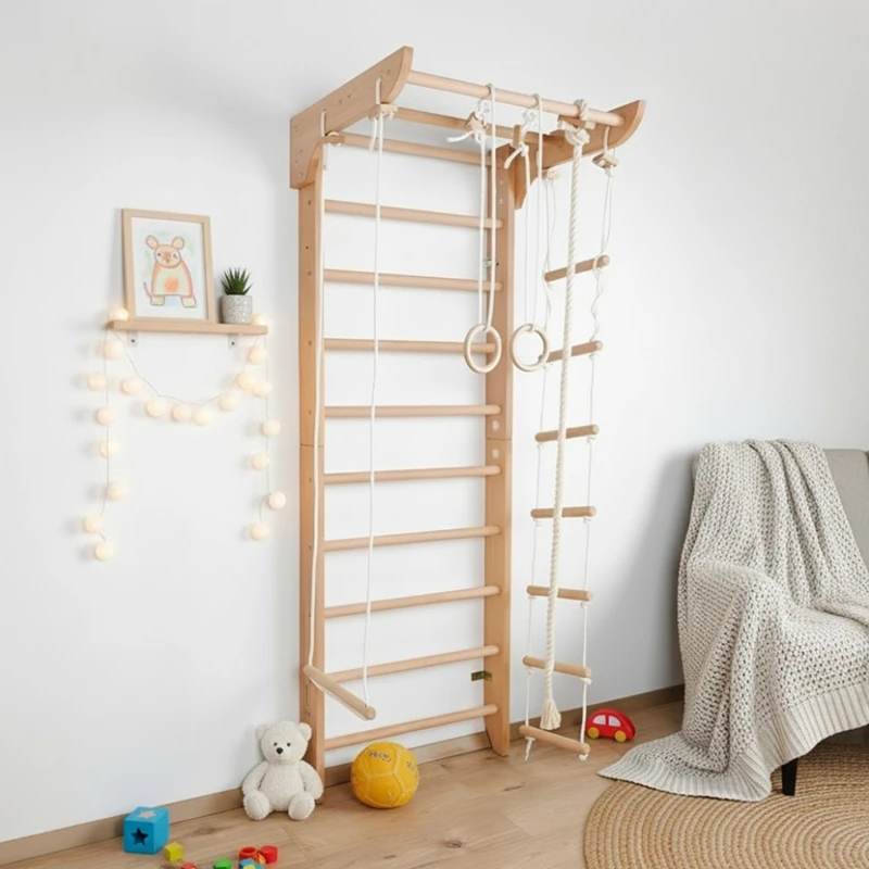 7-in-1 折りたたみ式屋内ジャングルジム - スライド、ロックウォール、モンキーバー付きクライミングセット