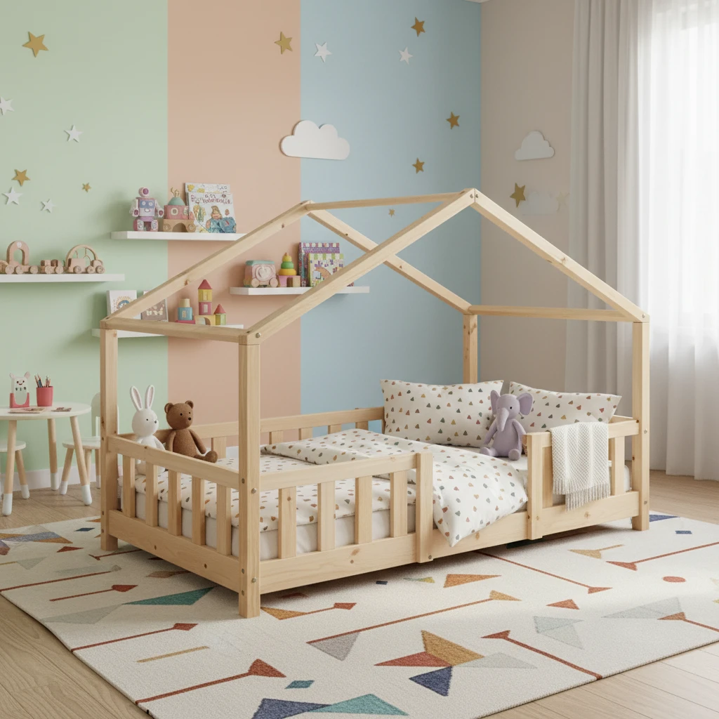 安全手すり付き子供用伝統的な無垢材ベッド、80x160cm子供用寝室家具