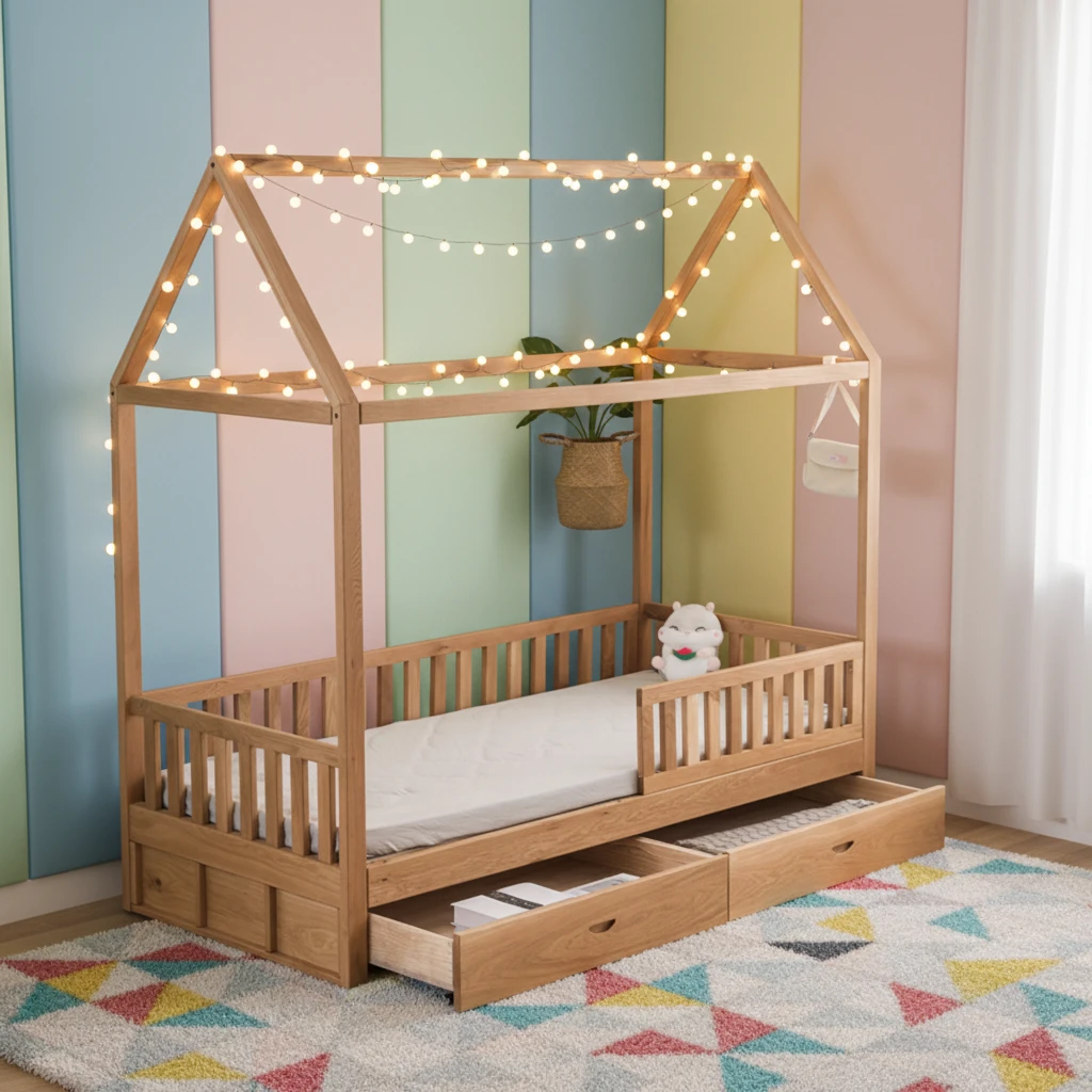 ファームハウススタイルの子供用無垢材二段ベッド、収納引き出しと安全ガードレール付き