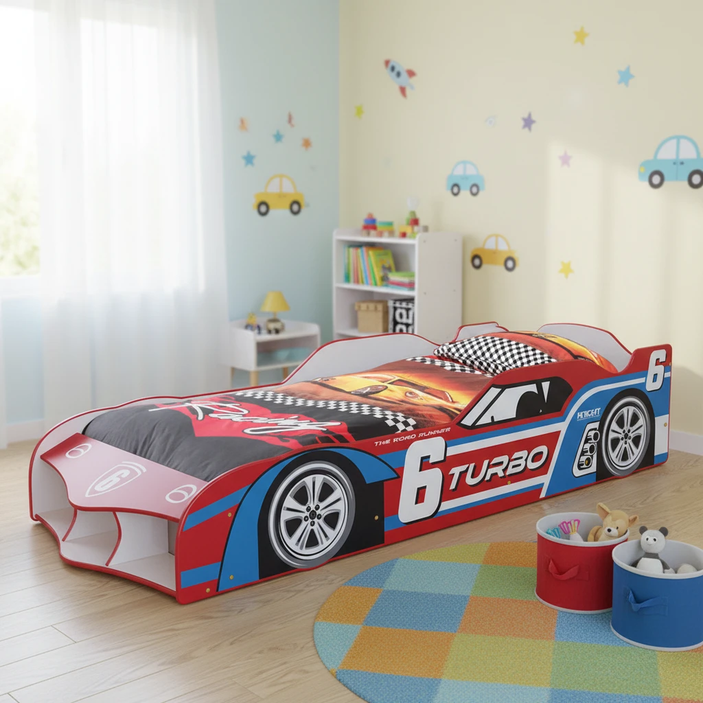 レースカーの形をした木製デイベッド、収納と可動車輪付きの環境に優しい子供用ベッド、3歳以上向け