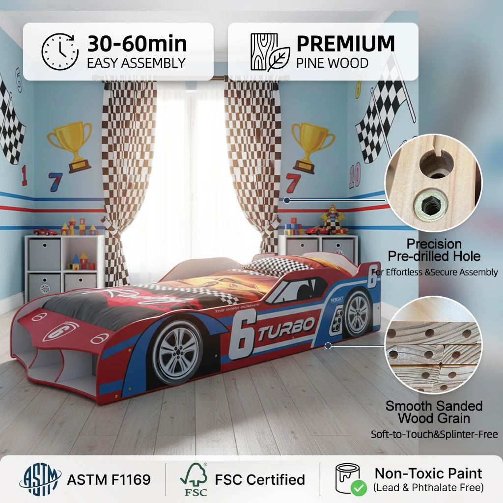 レースカーの形をした木製デイベッド、収納と可動車輪付きの環境に優しい子供用ベッド、3歳以上向け