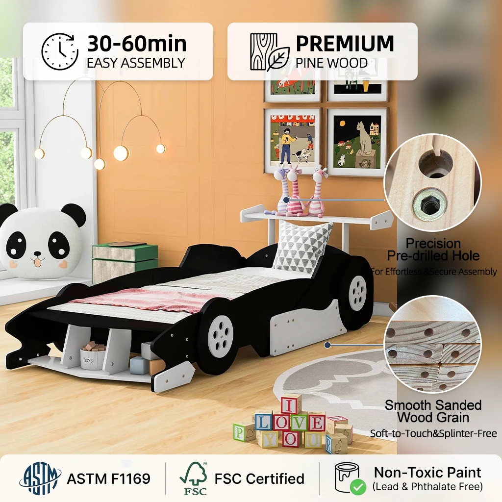 モダンな環境に優しい木製レースカーベッド、子供用レースカー型デイベッド、収納と可動車輪付き