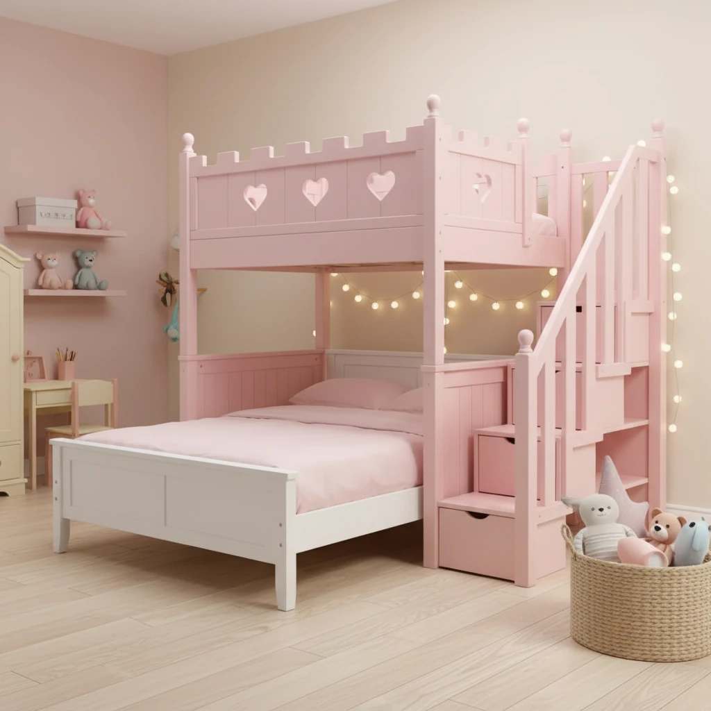 ピンクプリンセスキャッスル 無垢材二段ベッド 収納階段付き 省スペース おとぎ話ベッド 女の子用