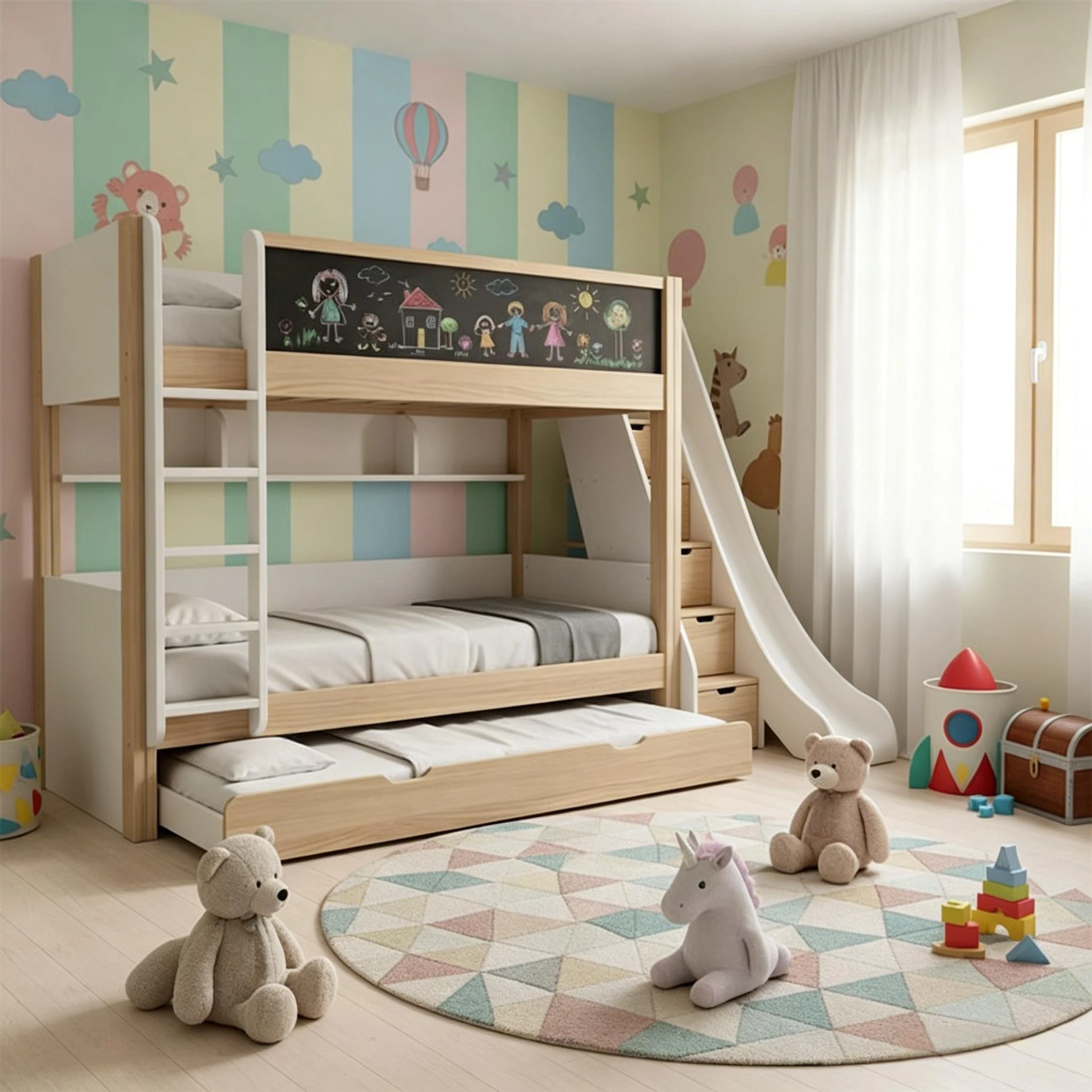 モダンなダブルデッキ子供用二段ベッド、スライド&ガードレール付き、子供用寝室木製ベッドフレーム