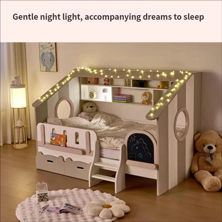 収納引き出しと内蔵本棚付きのモダンなキッズハウスベッド、幼児用モンテッソーリフロアベッド、
