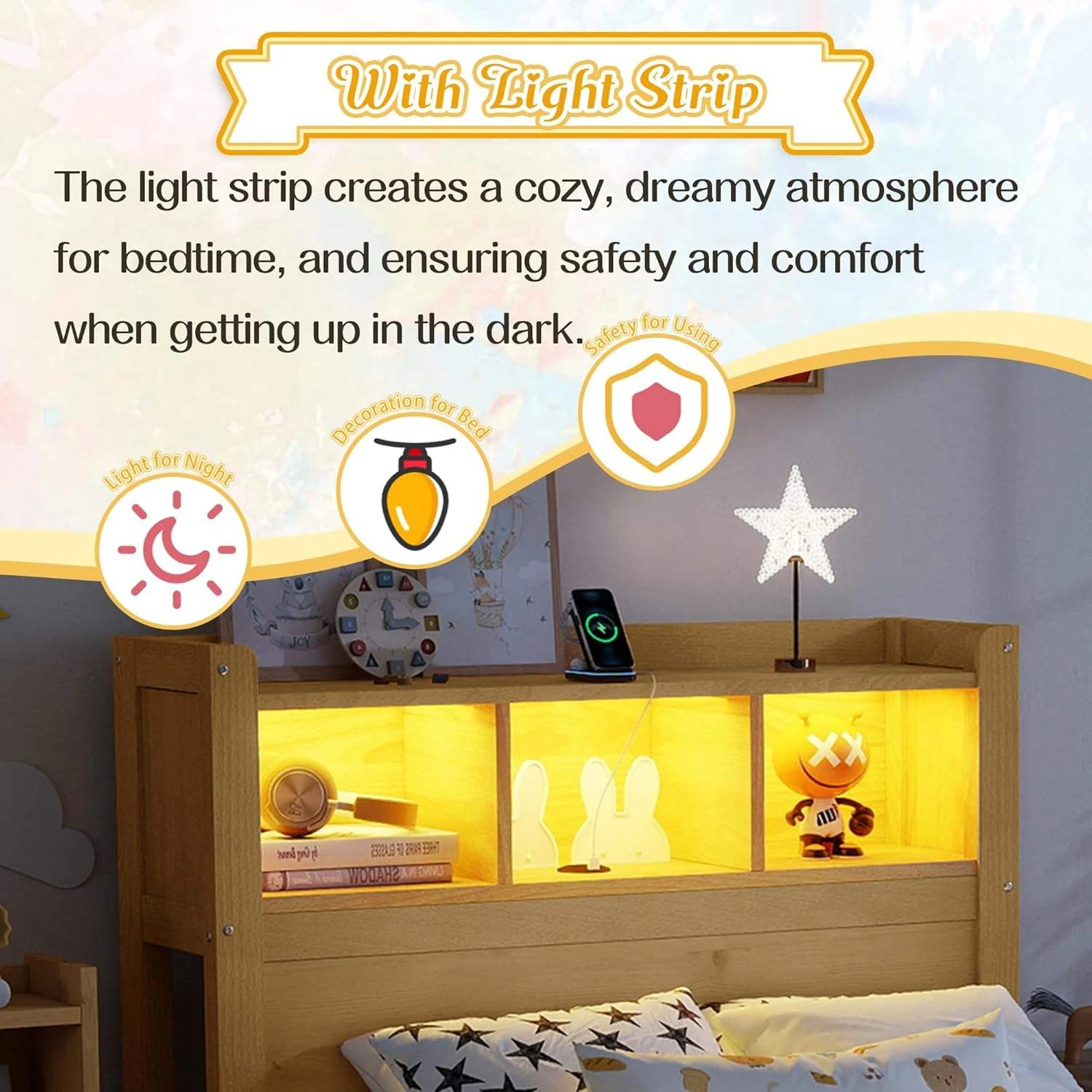 モダンな無垢材の子供用ベッド、LEDライト付きヘッドボード収納&サイド引き出し3つ、ツインサイズ子供用P