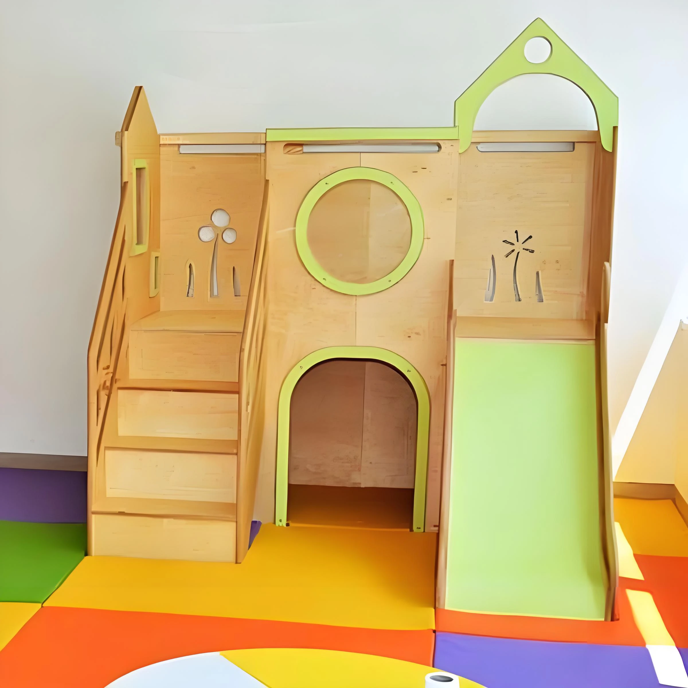 統合されたプレイハウスと滑り台を備えたモダンなキッズ木製屋内遊び場、プレミアム幼稚園アクティビティ