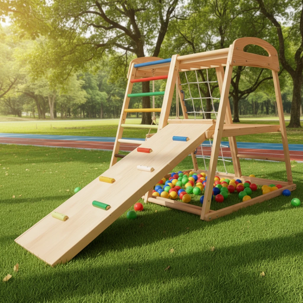 幼児用モンテッソーリ木製屋内遊び場、滑り台、スロープ付き多機能キッズクライミングジム